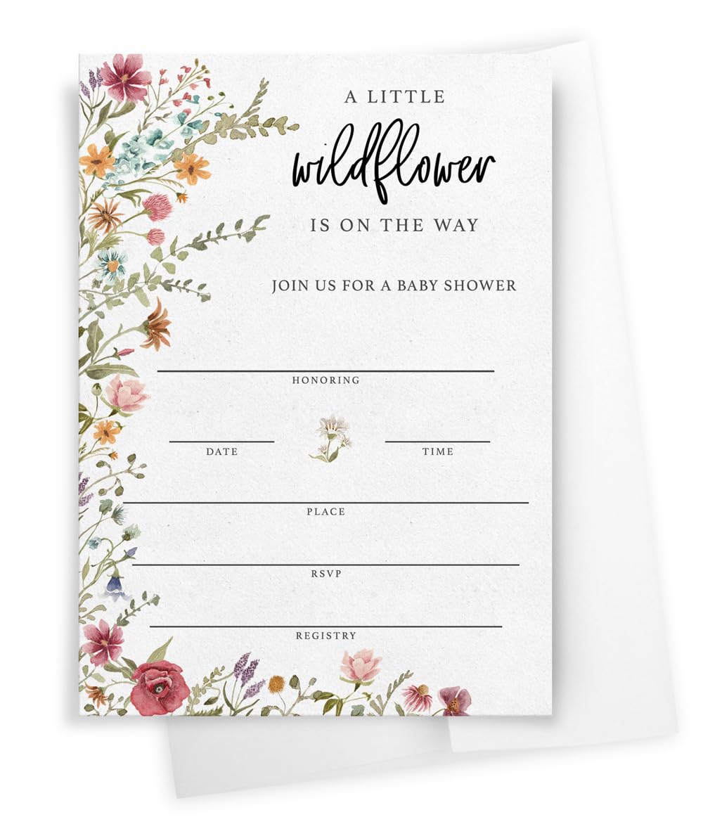 Baby Shower Invitations and Envelopes, Wildflower (Set of 30) - Stylish printed party stationery for events and celebrations.