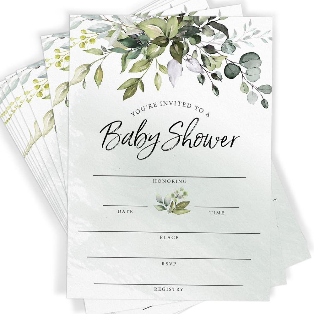 Baby Shower Invitations and Envelopes, Eucalyptus (Set of 30) - Stylish printed party stationery for events and celebrations.
