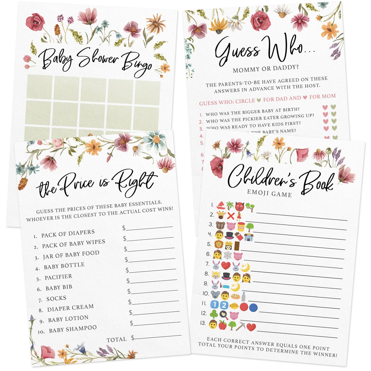 Baby Shower Game Set - 4 Games for 30 Guests, Wildflower (Double-Sided) - Stylish printed party stationery for events and celebrations.