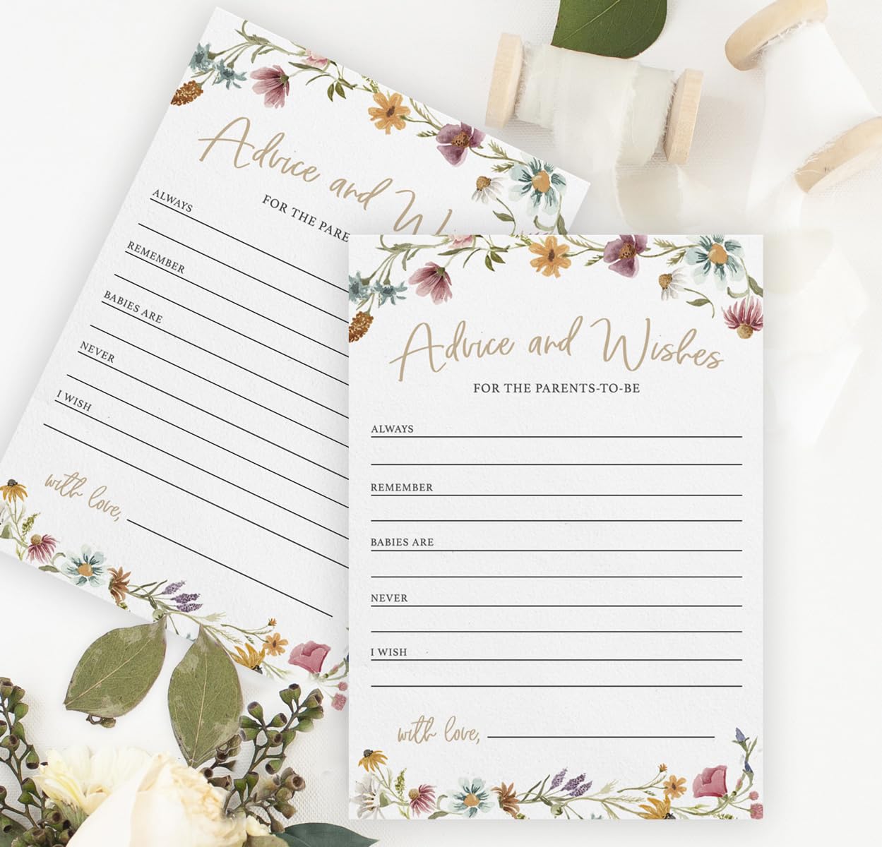 Baby Predictions and Advice - Baby Shower Game for Mommy to Be, Wildflower (30 Cards) - Stylish printed party stationery for events and celebrations.