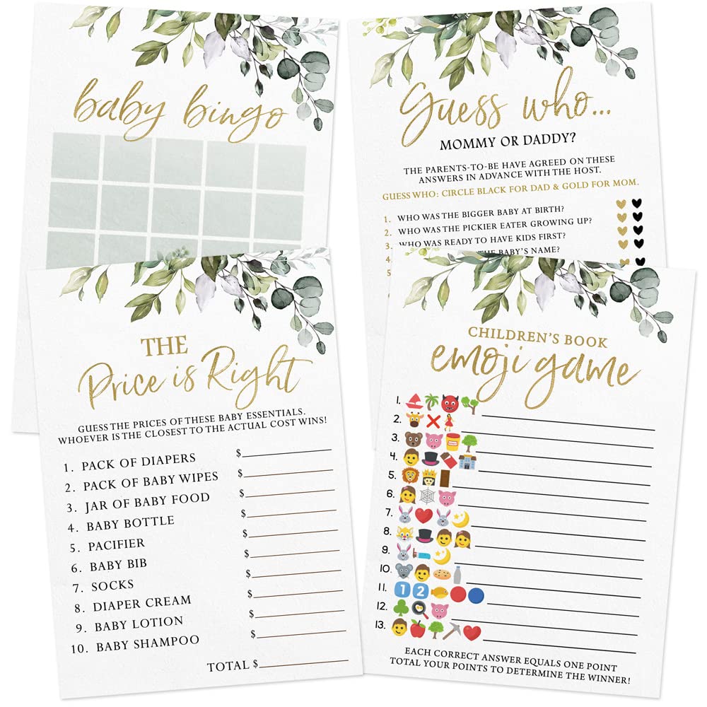 Baby Shower Game Set - 4 Games for 30 Guests, Eucalyptus (Double-Sided) - Stylish printed party stationery for events and celebrations.