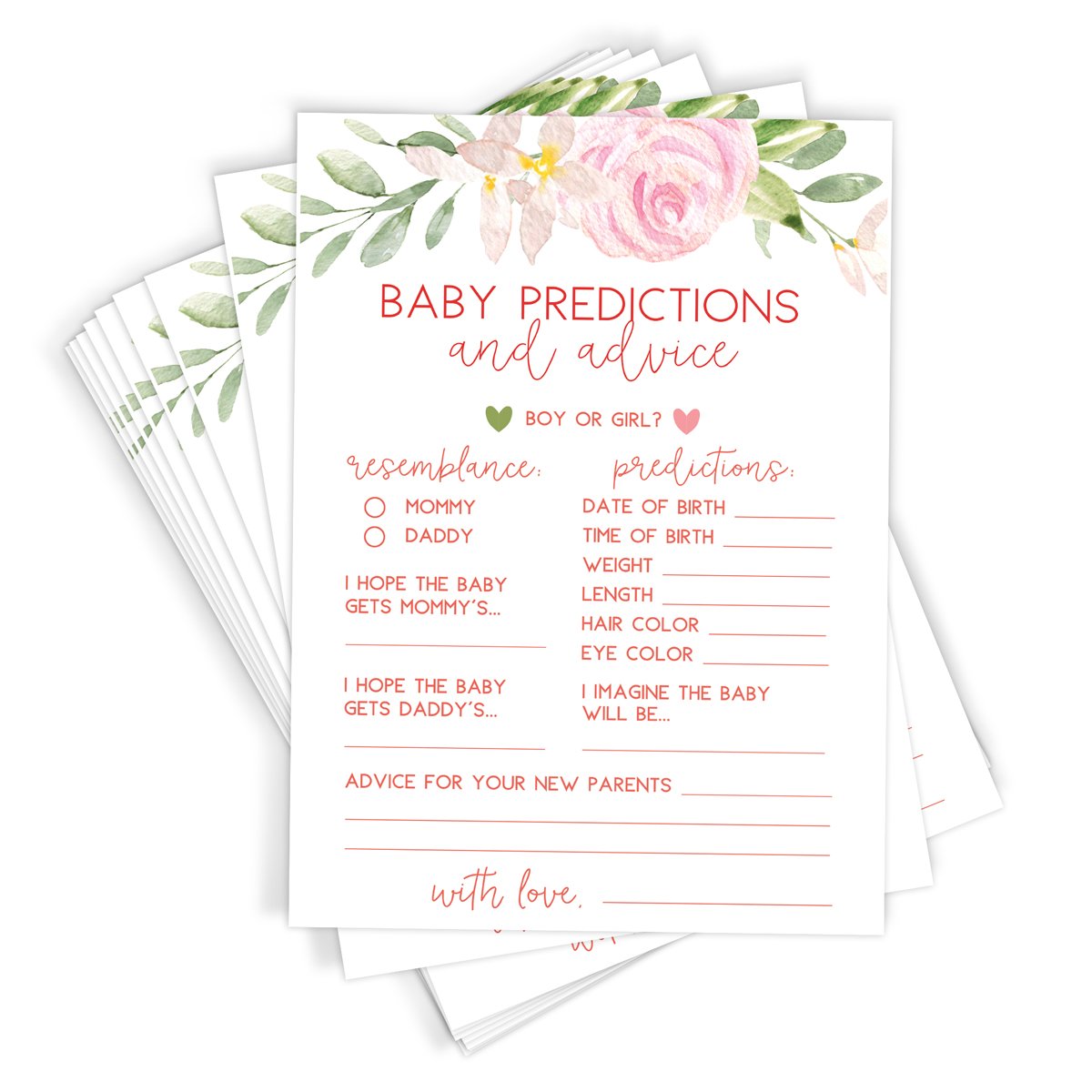 Baby Predictions and Advice - Baby Shower Game for Mommy to Be, Pink Floral (50 Cards) - Stylish printed party stationery for events and celebrations.