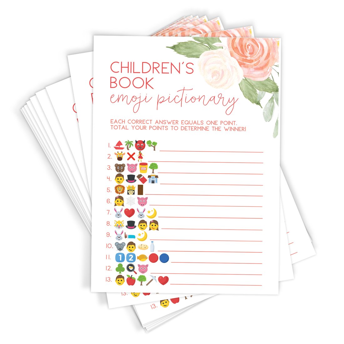 Children's Book Emoji Trivia - Baby Shower Game, Pink Floral (50 Cards) - Stylish printed party stationery for events and celebrations.