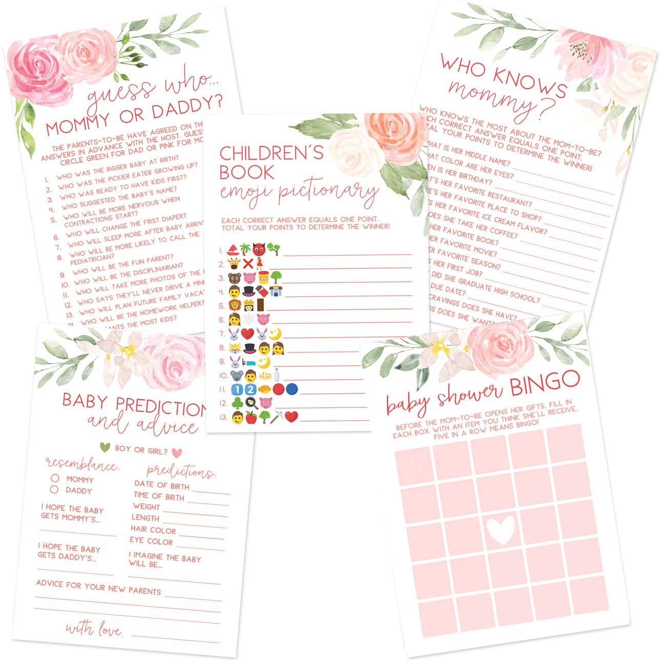 Baby Shower Game Set - 5 Games & Activities for 50 Guests, Pink Floral (Double-Sided) - Stylish printed party stationery for events and celebrations.