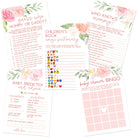 Baby Shower Game Set - 5 Games & Activities for 50 Guests, Pink Floral (Double-Sided) - Stylish printed party stationery for events and celebrations.