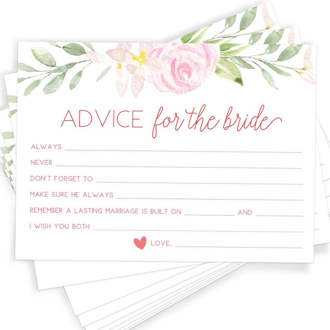 Advice For The Bride and Groom - Bridal Shower Game, Pink Floral (50 Cards) - Stylish printed party stationery for events and celebrations.