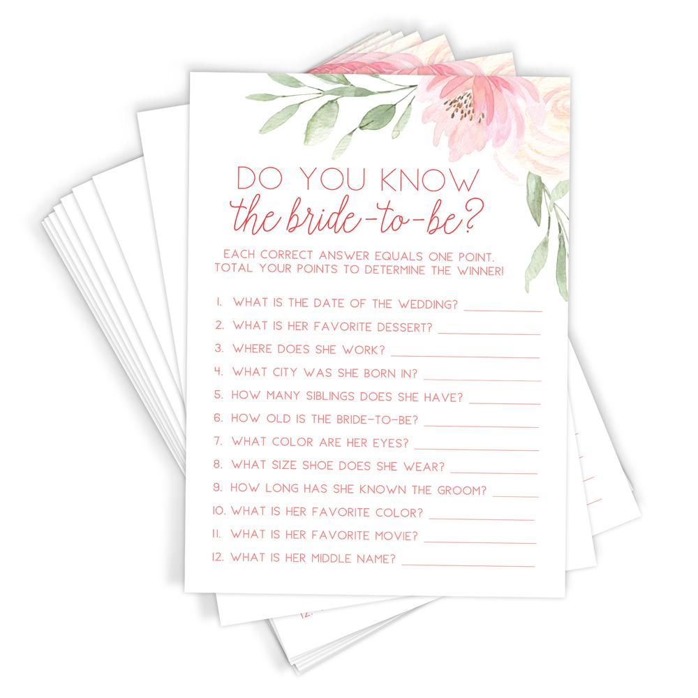 Bride to Be Trivia - Bridal Shower Game, Pink Floral (50 Cards) - Stylish printed party stationery for events and celebrations.