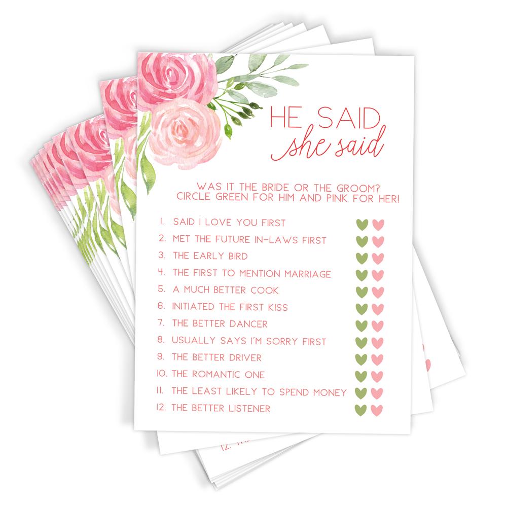 He Said She Said - Bridal Shower Game, Pink Floral (50 Cards) - Stylish printed party stationery for events and celebrations.