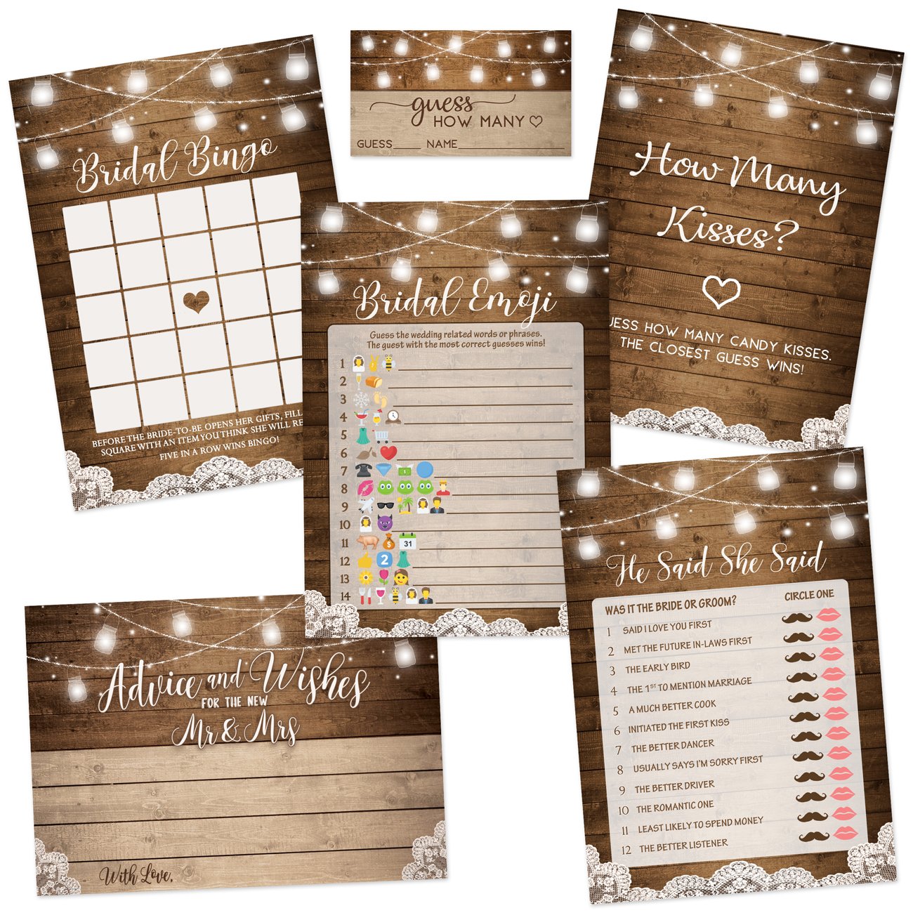 Bridal Shower Game Set - 5 Games for 50 Guests, Rustic Barn (Double-Sided) - Stylish printed party stationery for events and celebrations.