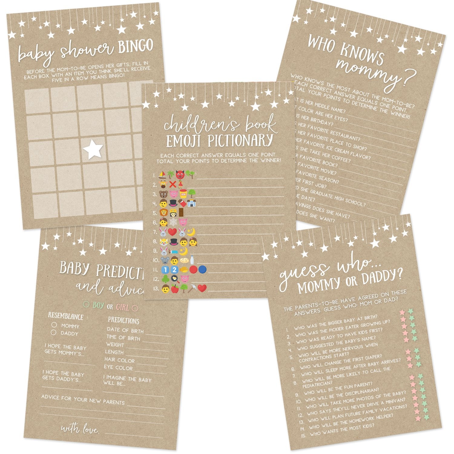 Baby Shower Game Set - 5 Games for 50 Guests, Kraft (Double-Sided) - Stylish printed party stationery for events and celebrations.