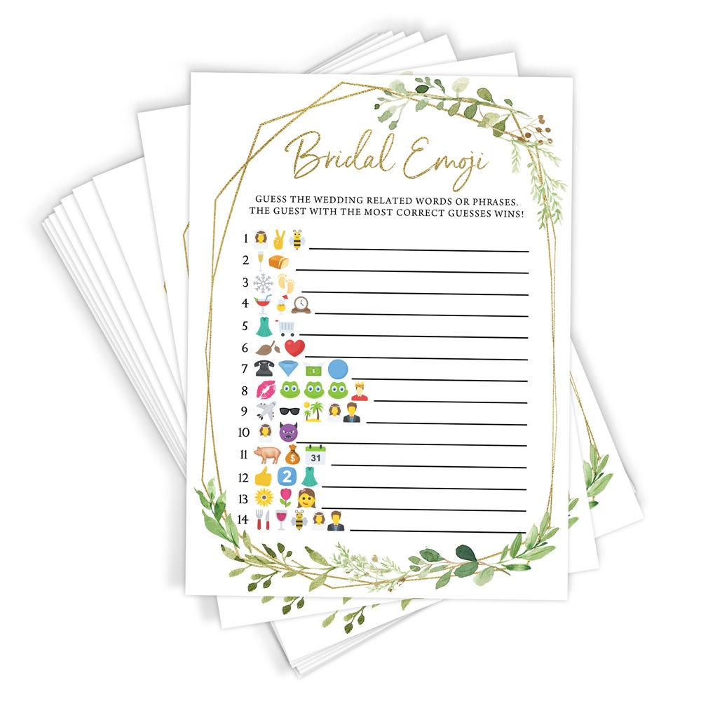 Wedding Emoji Trivia -  Bridal Shower Game, Gold Greenery (50 Cards) - Stylish printed party stationery for events and celebrations.
