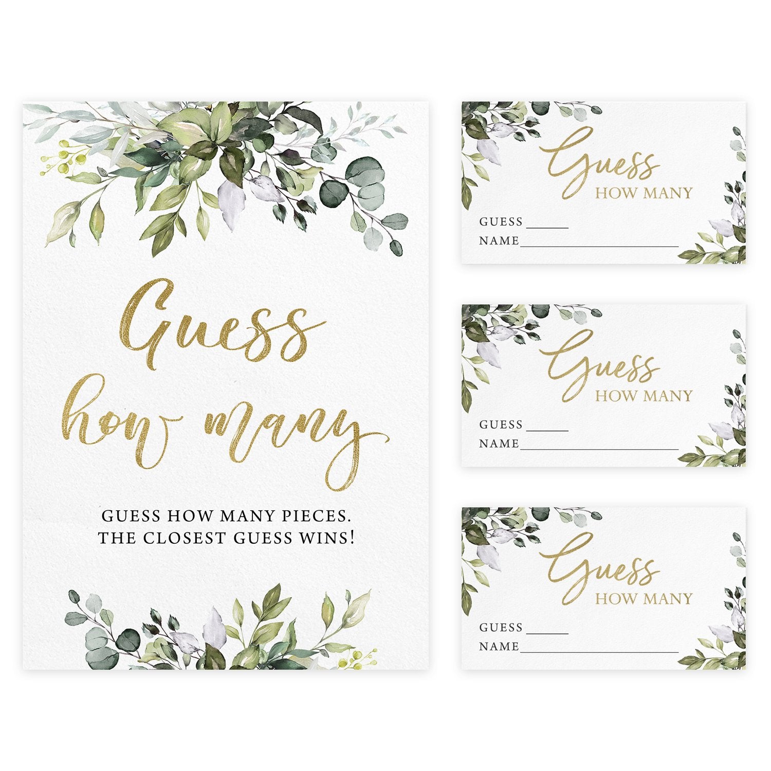 Guess How Many Candy Jar Guessing Game, Eucalyptus (50 Cards and Sign) - Stylish printed party stationery for events and celebrations.