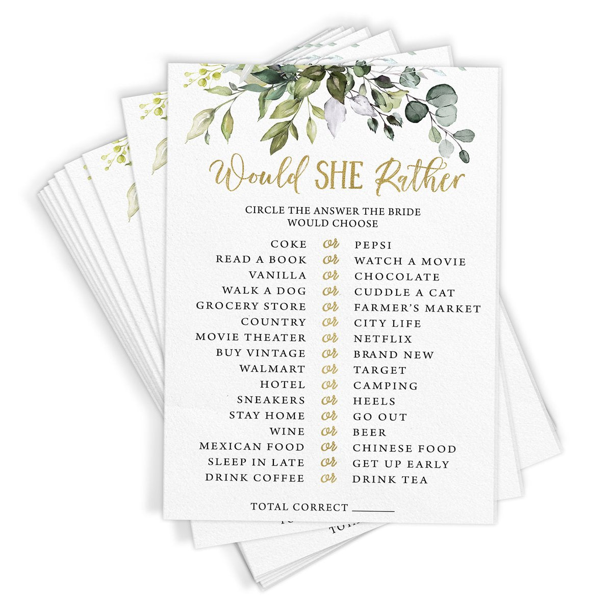 Would She Rather - Bridal Shower Game, Eucalyptus (50 Cards) - Stylish printed party stationery for events and celebrations.
