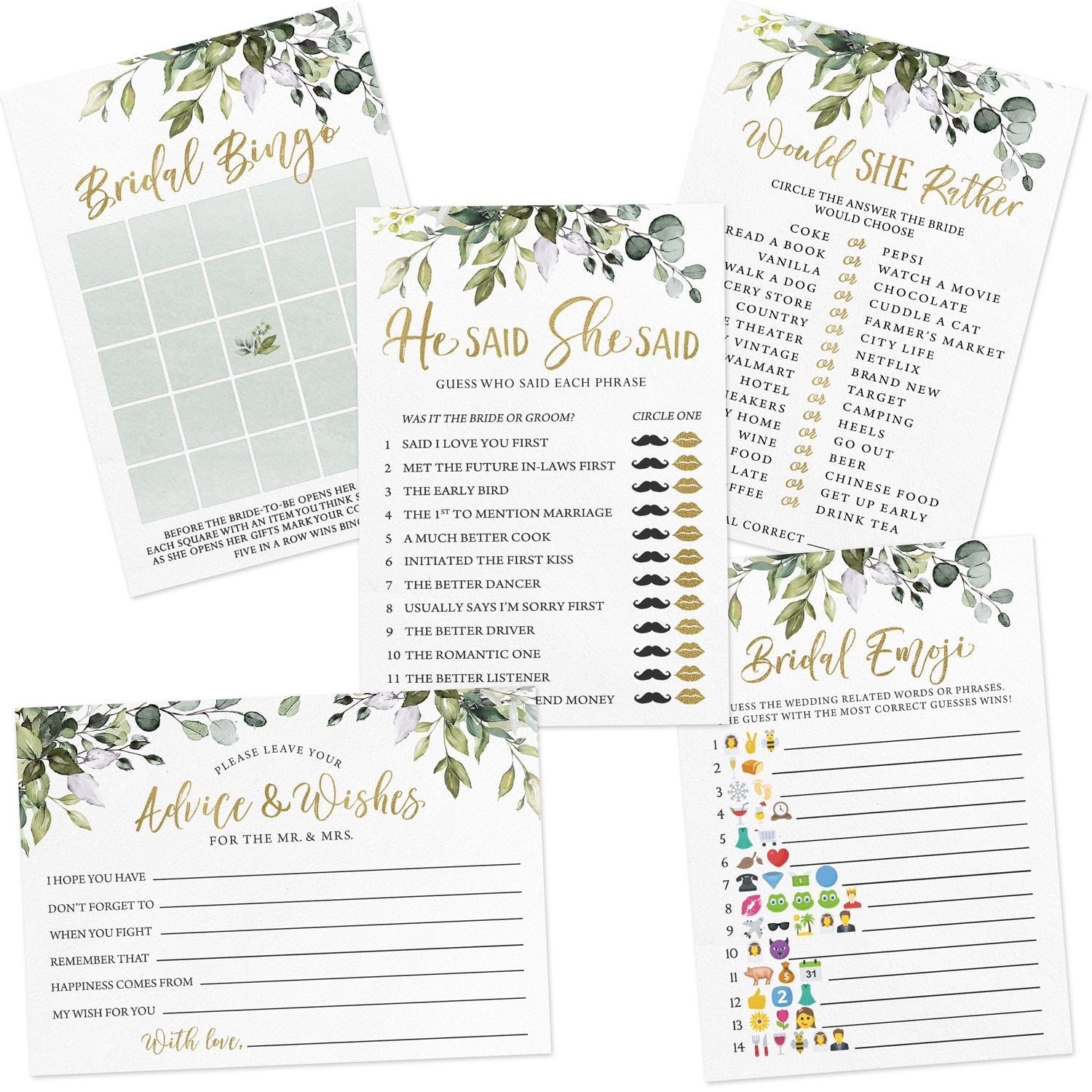 Bridal Shower Game Set - 5 Games for 50 Guests, Eucalyptus (Double-Sided) - Stylish printed party stationery for events and celebrations.