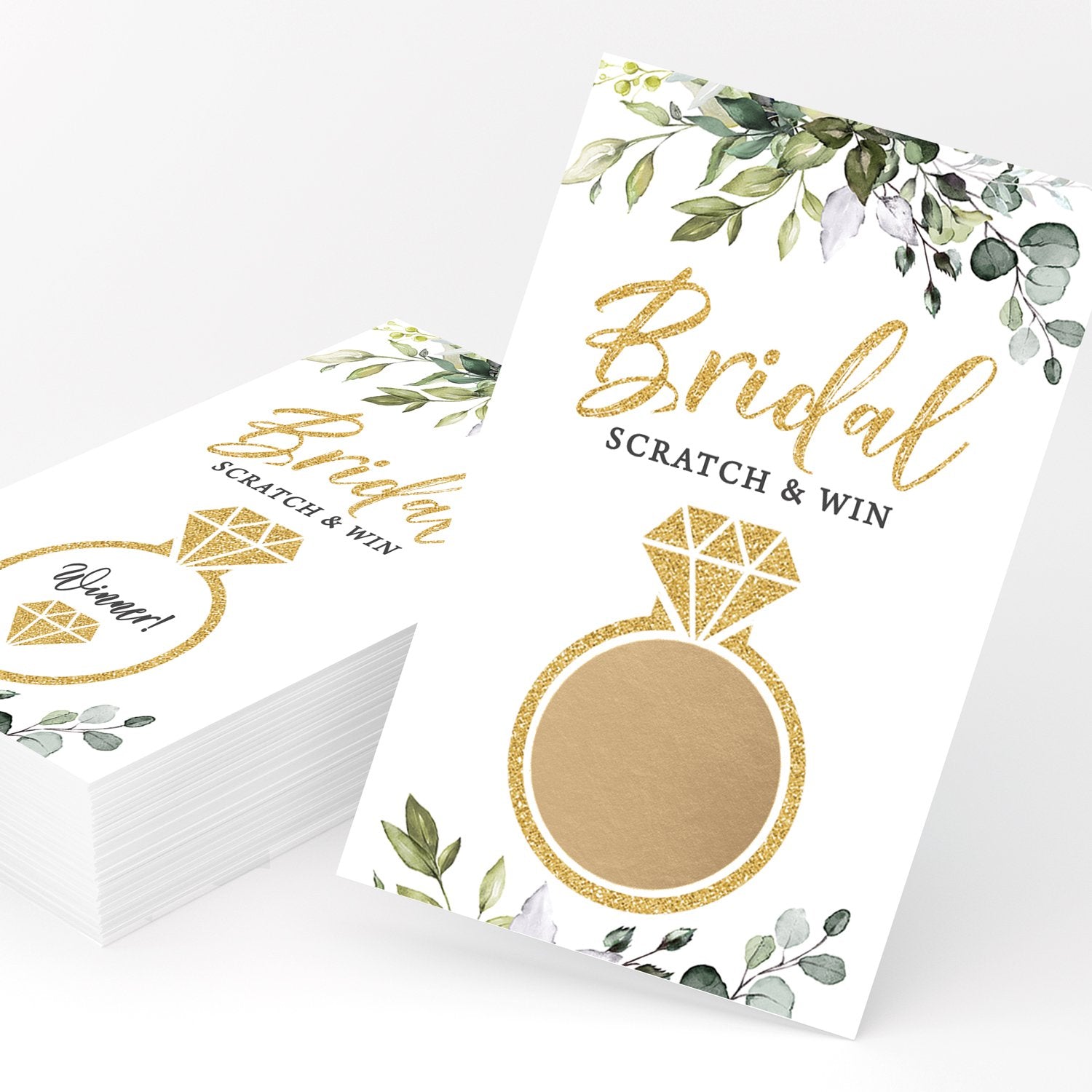 Who Has The Ring Bridal Shower Game - Scratch Off Prize Cards, Eucalyptus (Set of 30) - Stylish printed party stationery for events and celebrations.