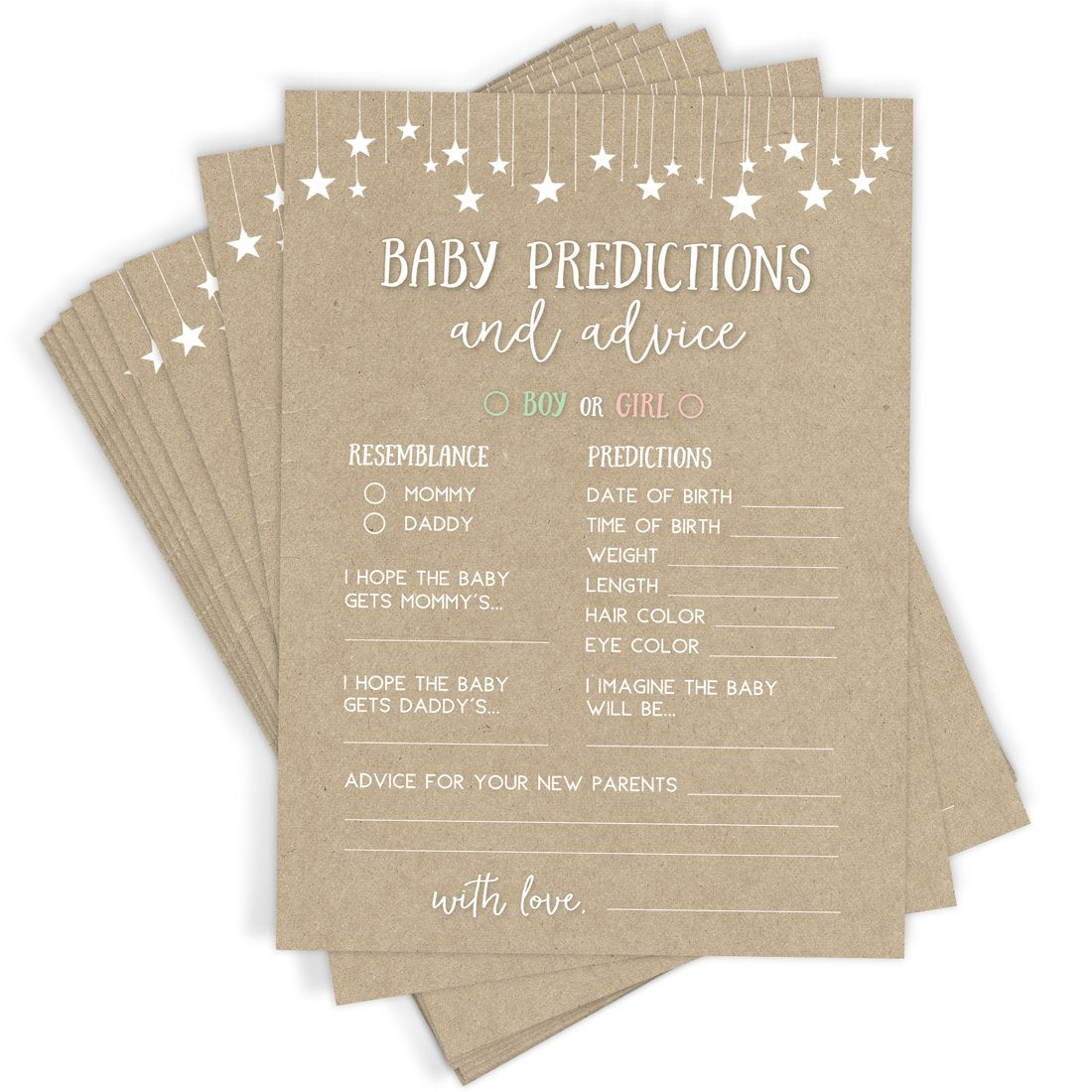 Baby Predictions and Advice - Baby Shower Game for Mommy to Be, Rustic Kraft (50 Cards) - Stylish printed party stationery for events and celebrations.
