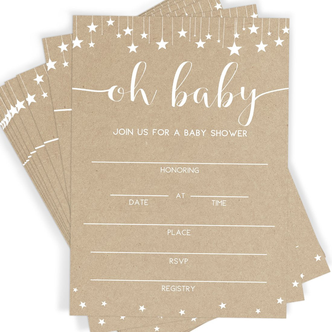 Baby Shower Invitations and Envelopes, Rustic Kraft (Set of 25) - Stylish printed party stationery for events and celebrations.
