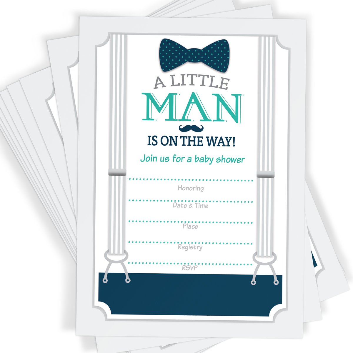 Baby Shower Invitations and Envelopes, Little Man Mustache (Set of 25) - Stylish printed party stationery for events and celebrations.