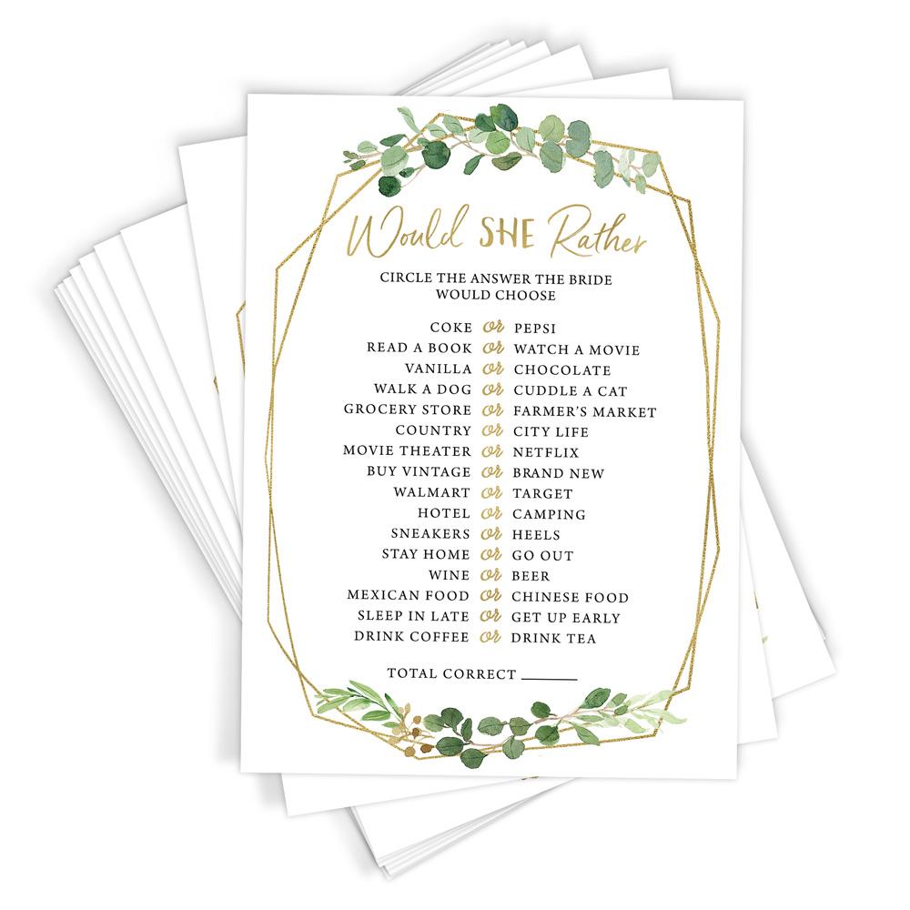Bride to Be Trivia - Bridal Shower Game, Gold Greenery (50 Cards) - Stylish printed party stationery for events and celebrations.