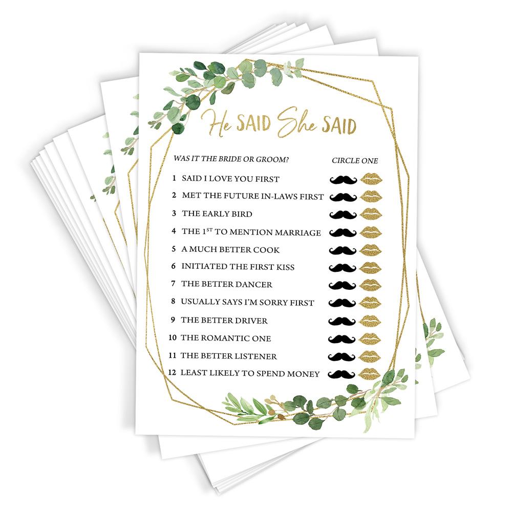 He Said She Said - Bridal Shower Game, Gold Greenery (50 Cards) - Stylish printed party stationery for events and celebrations.