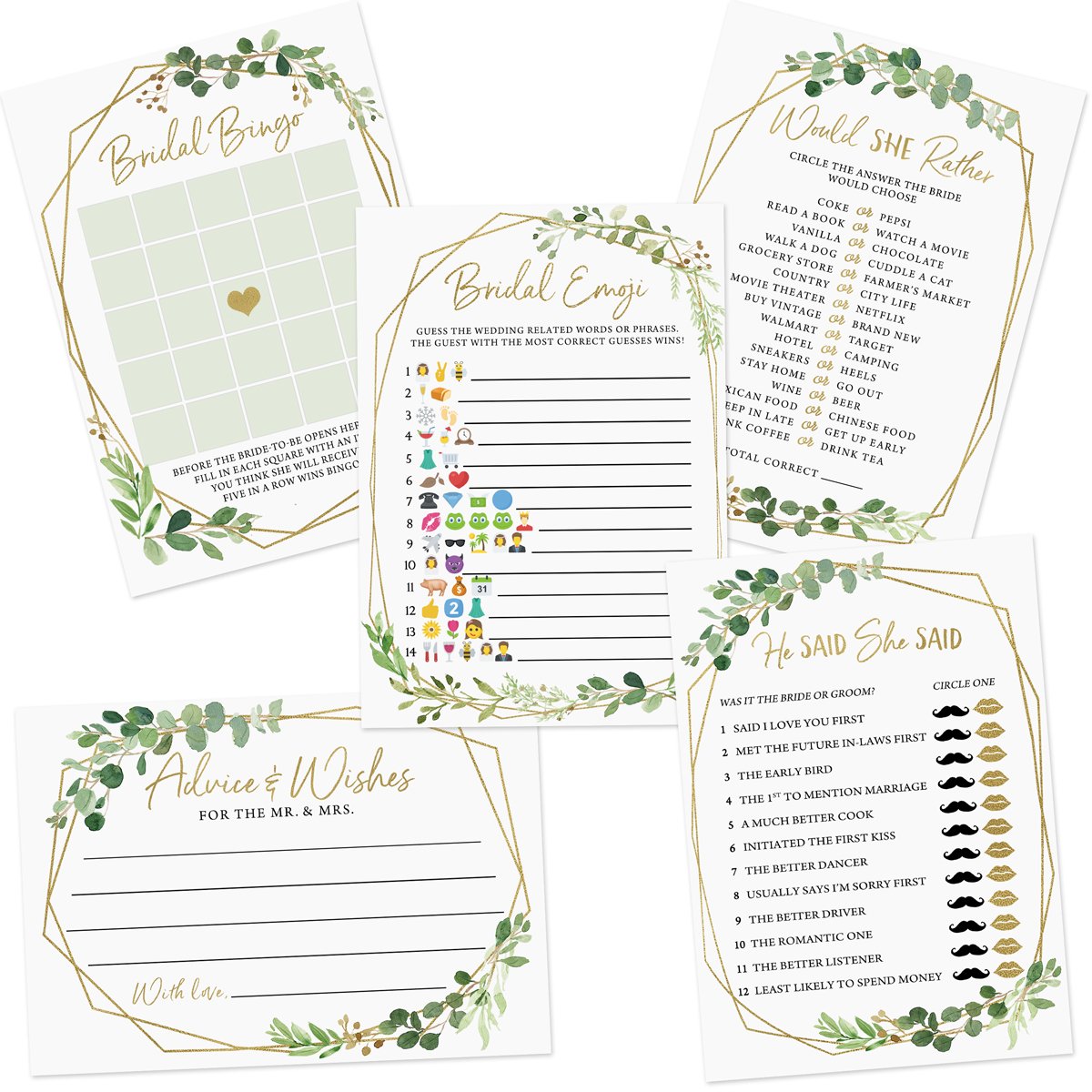 Bridal Shower Game Set - 5 Games for 50 Guests, Gold Greenery (Double-Sided) - Stylish printed party stationery for events and celebrations.