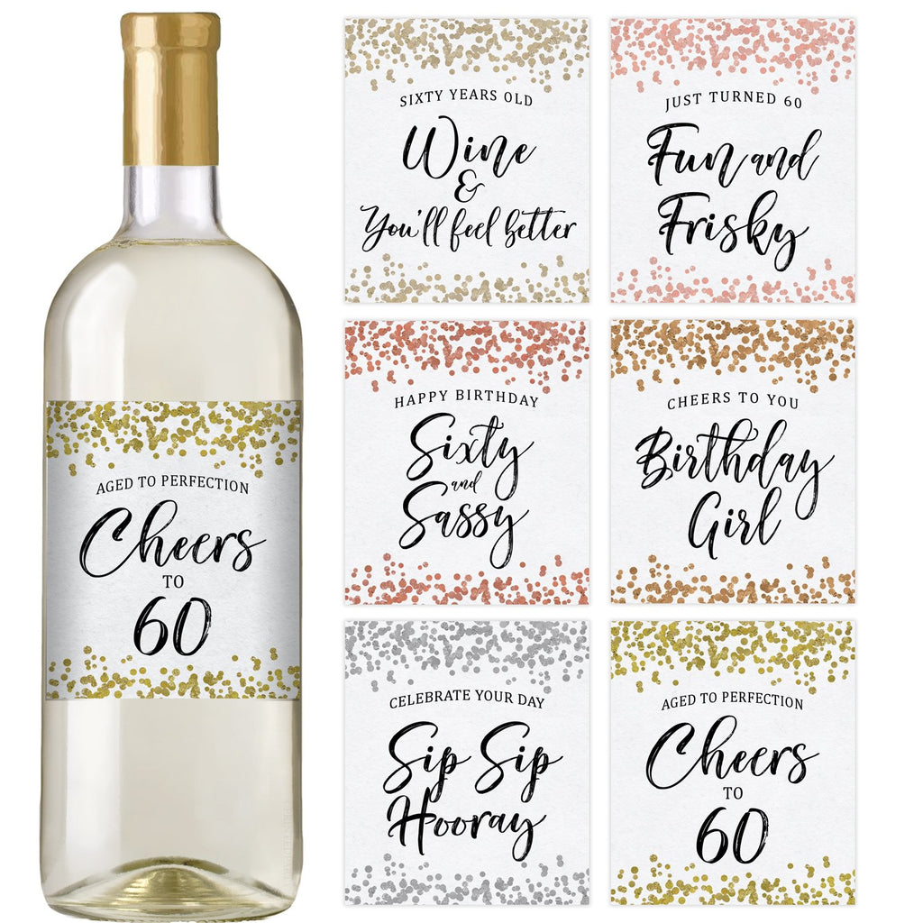 60th Confetti Birthday Wine Bottle Labels