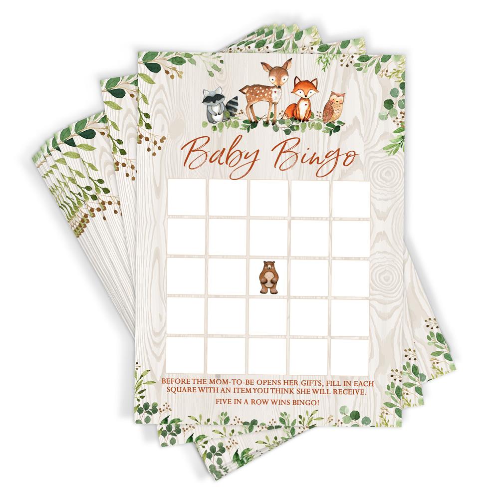 Baby Bingo - Woodland Baby Shower Game, Forest Animals (50 Cards) - Stylish printed party stationery for events and celebrations.