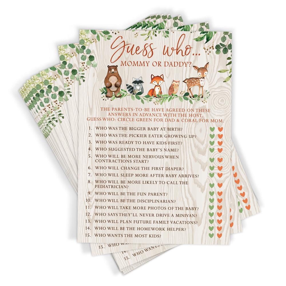Mommy or Daddy Trivia - Woodland Baby Shower Game, Forest Animals (50 Cards) - Stylish printed party stationery for events and celebrations.