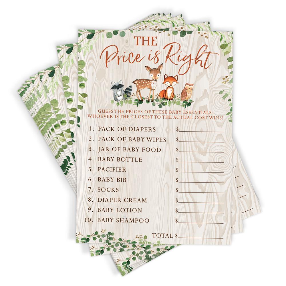 Price Is Right - Woodland Baby Shower Game, Forest Animals (50 Cards) - Stylish printed party stationery for events and celebrations.