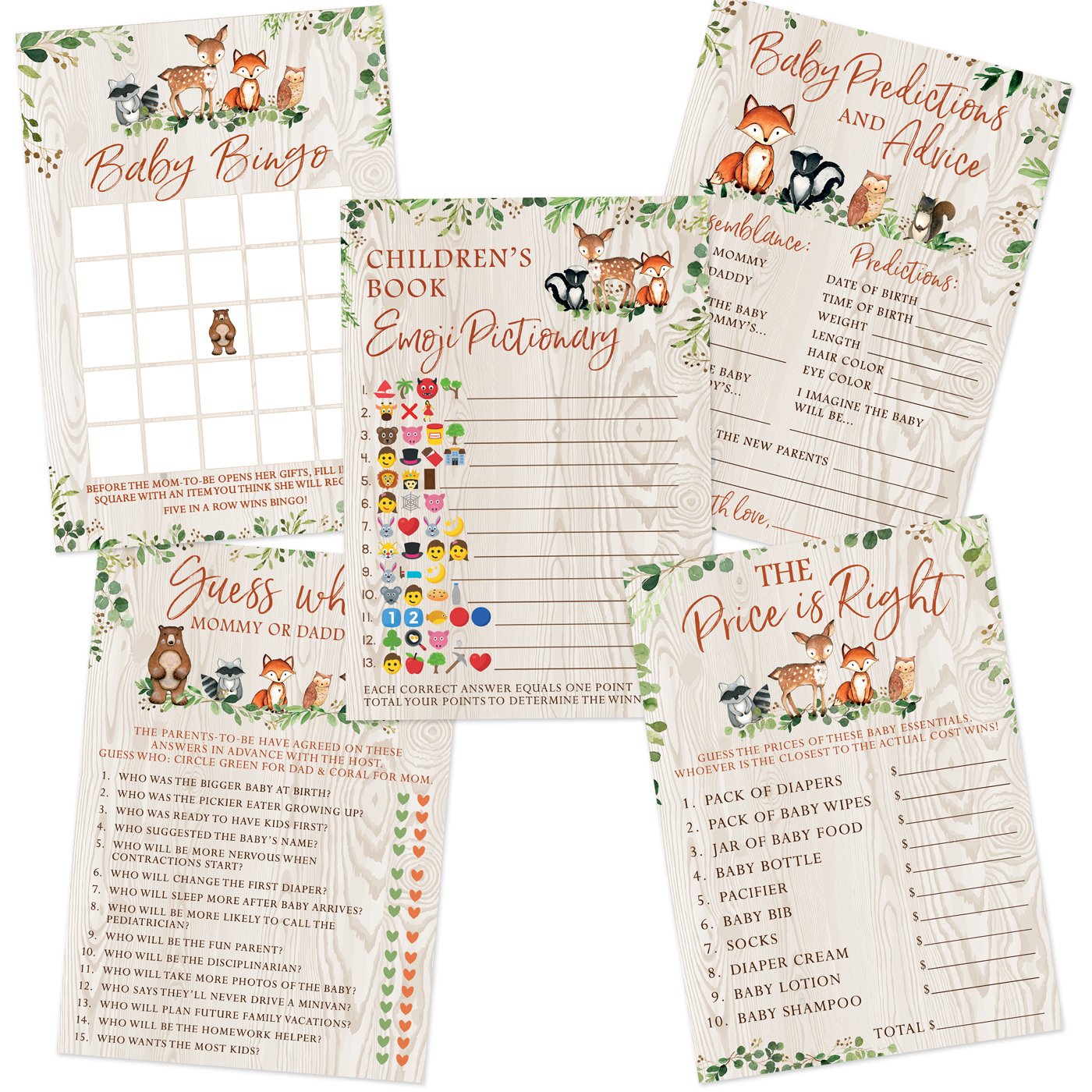 Woodland Baby Shower Game Set - 5 Games for 50 Guests, Forest Animals (Double-Sided) - Stylish printed party stationery for events and celebrations.