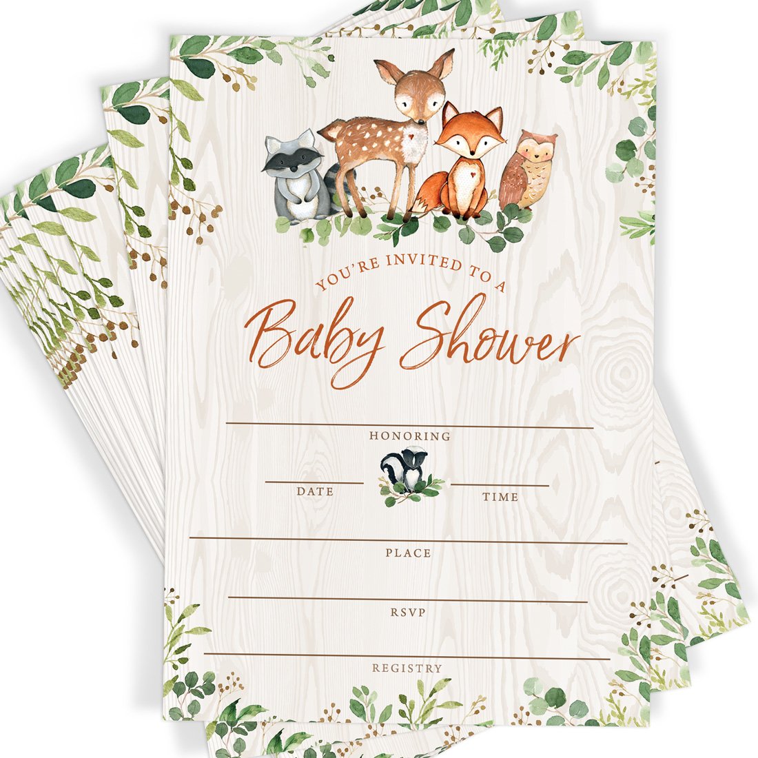 Woodland Baby Shower Invitations and Envelopes, Forest Animals (Set of 25) - Stylish printed party stationery for events and celebrations.