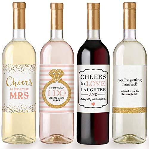 Engagement Party Gift - Waterproof Wine Bottle Labels for the Bride-to-Be, Set of 4 - Stylish printed party stationery for events and celebrations.