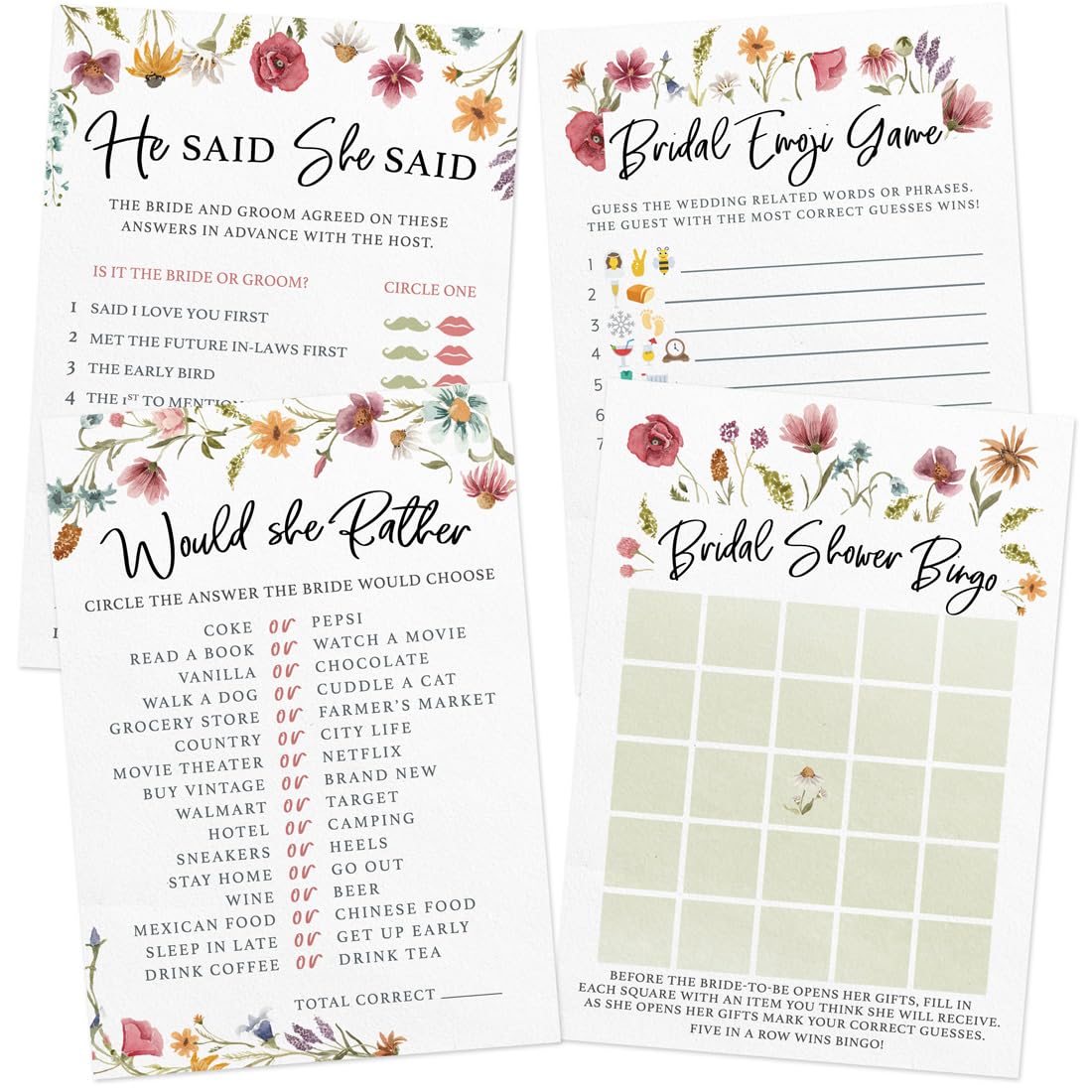 Bridal Shower Game Set - 4 Games for 30 Guests, Wildflower (Double-Sided) - Stylish printed party stationery for events and celebrations.