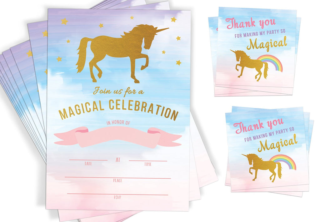 Unicorn Birthday Invitations and Favor Tags 