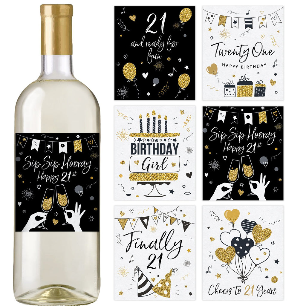21st Black and Gold Birthday Wine Bottle Labels