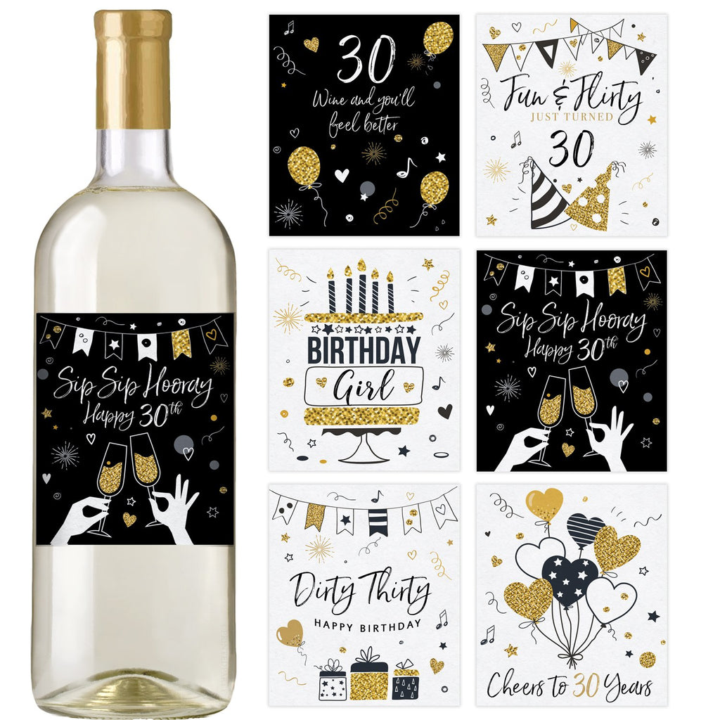 30th Black and Gold Birthday Wine Bottle Labels 