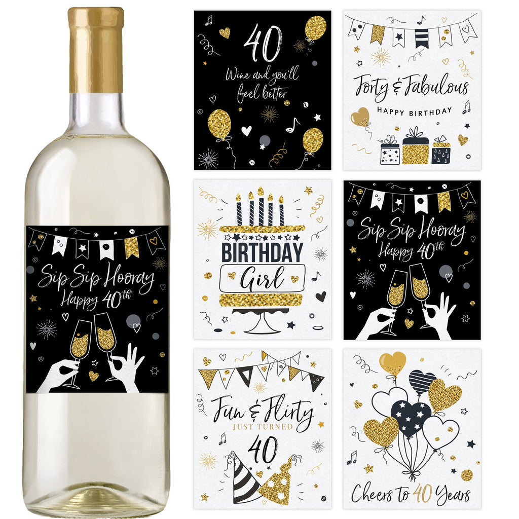 40th Black and Gold Birthday Wine Bottle Labels
