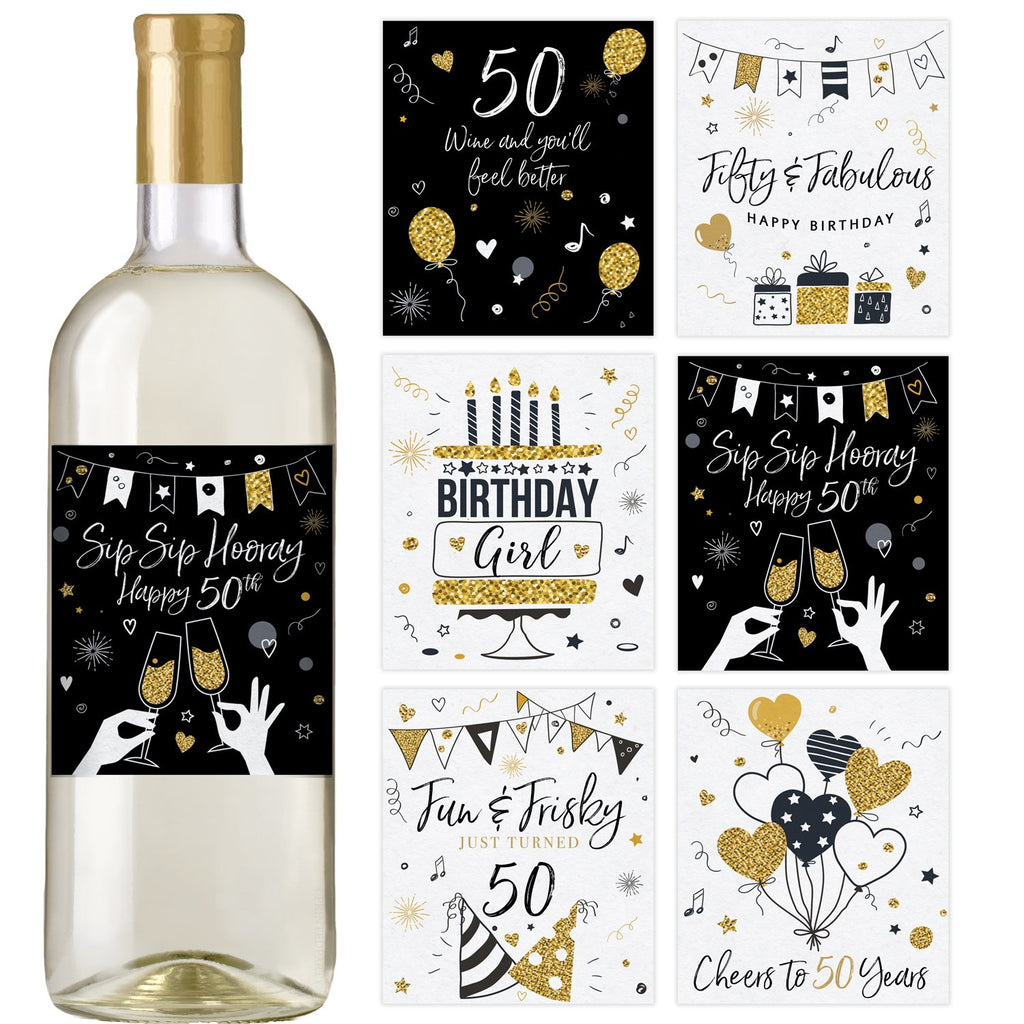 50th Black and Gold Birthday Wine Bottle Labels 