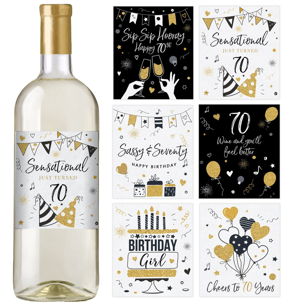 70th Black and Gold Birthday Wine Bottle Labels 