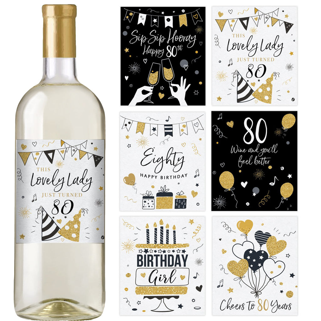 80th Black and Gold Birthday Wine Bottle Labels 