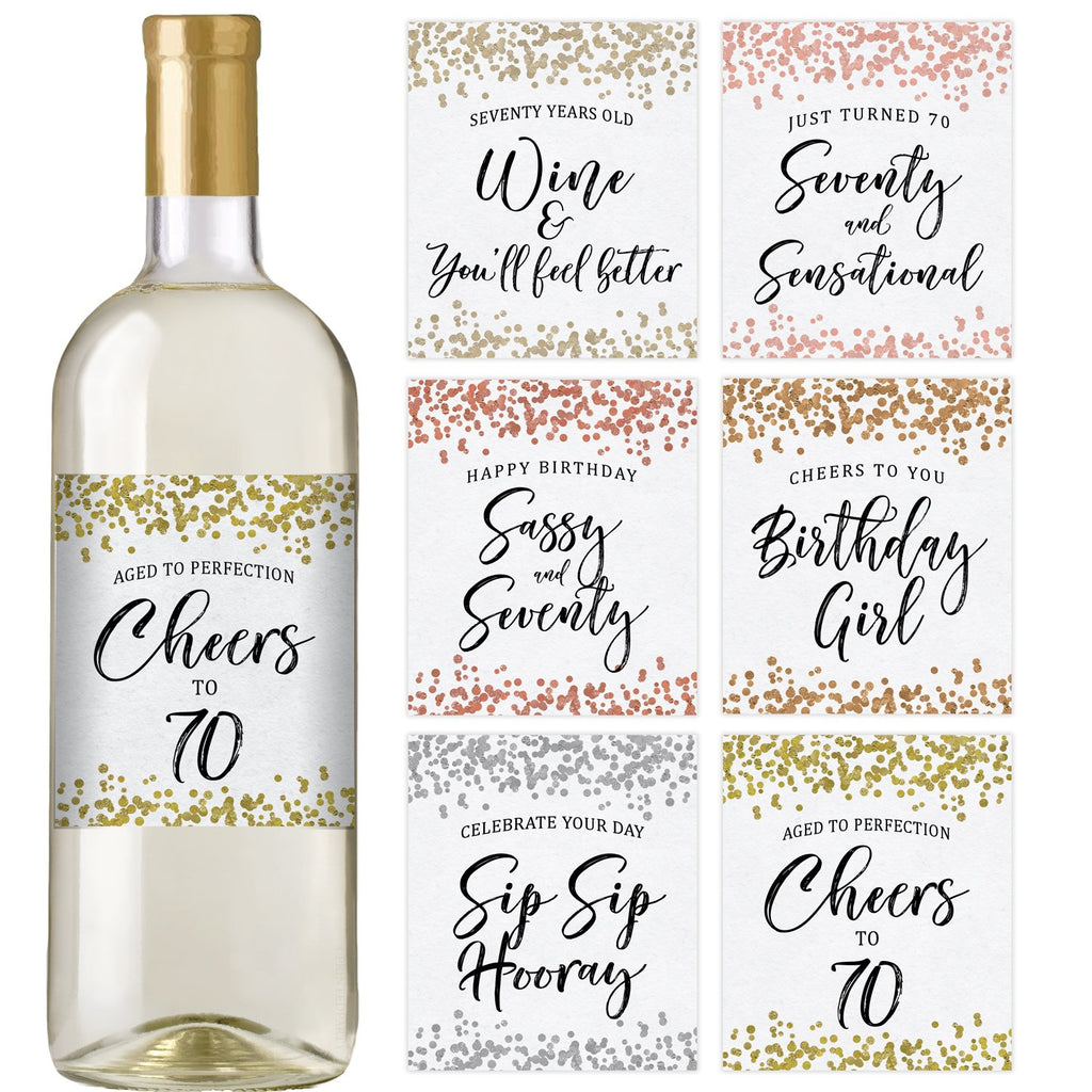 70th Confetti Birthday Wine Bottle Labels