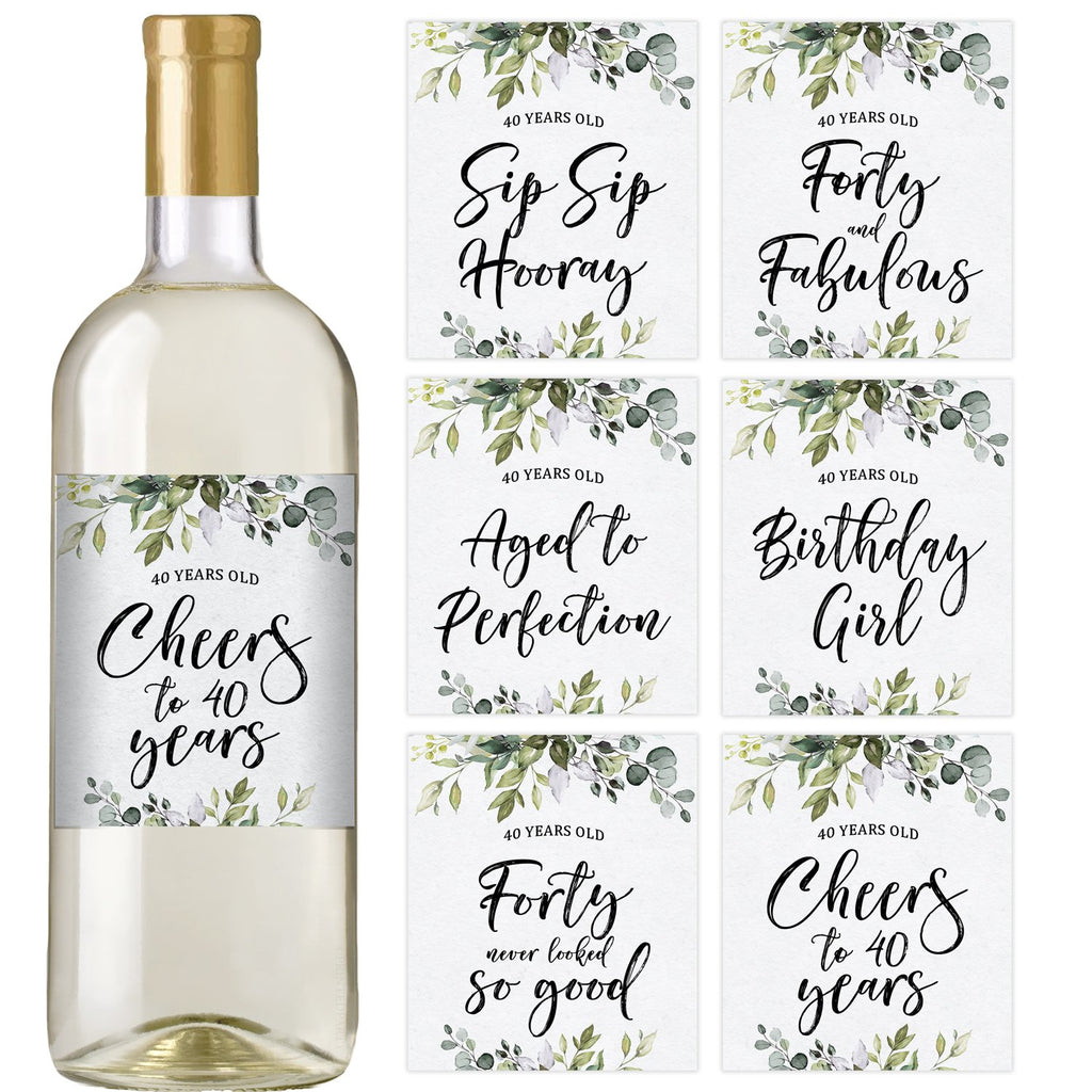 40th Eucalyptus Birthday Wine Bottle Labels 