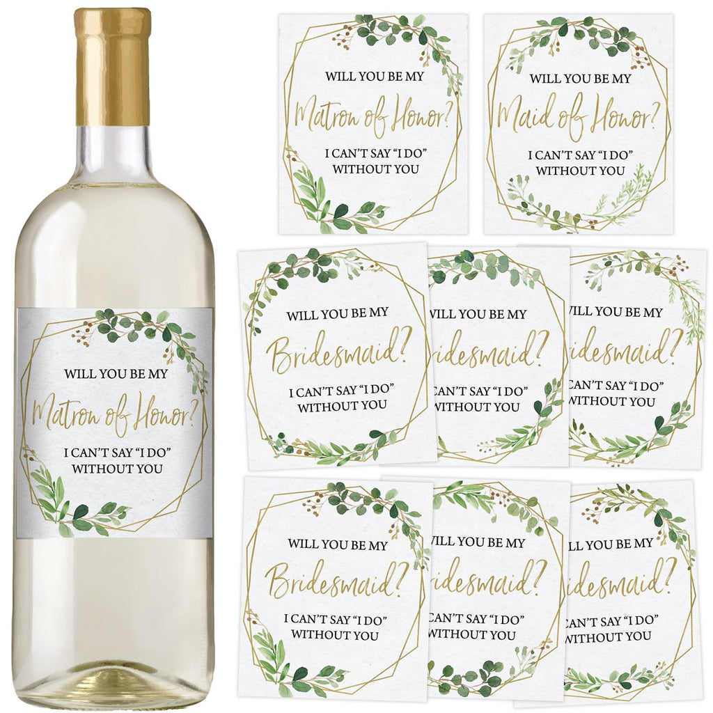 Gold Greenery Bridesmaids Wine Bottle Labels