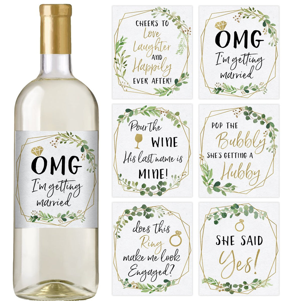 Gold Greenery Engagement Wine Bottle Labels 