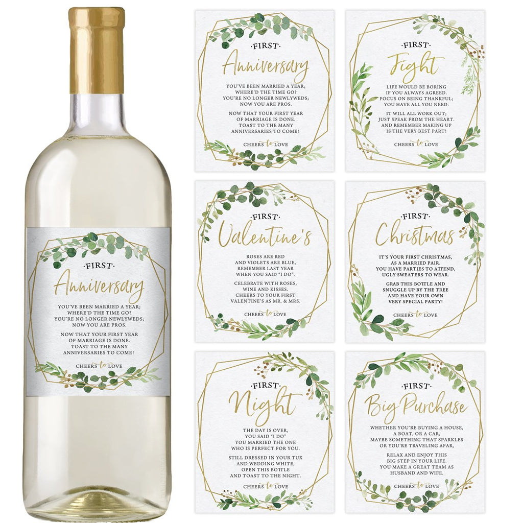 Gold Greenery Wedding Wine Bottle Labels 